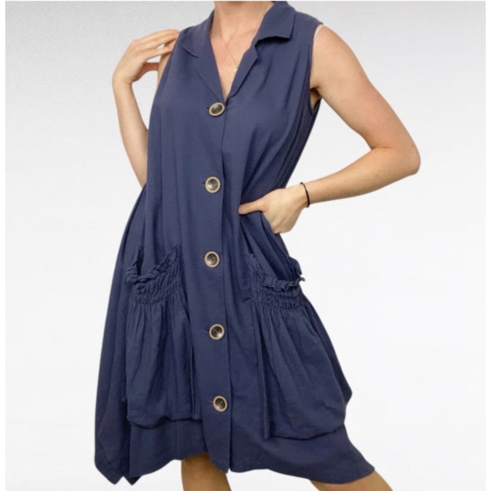 For Cynthia | Washed Navy Blue Sleeveless Linen Blend CarbonMini Dress  S